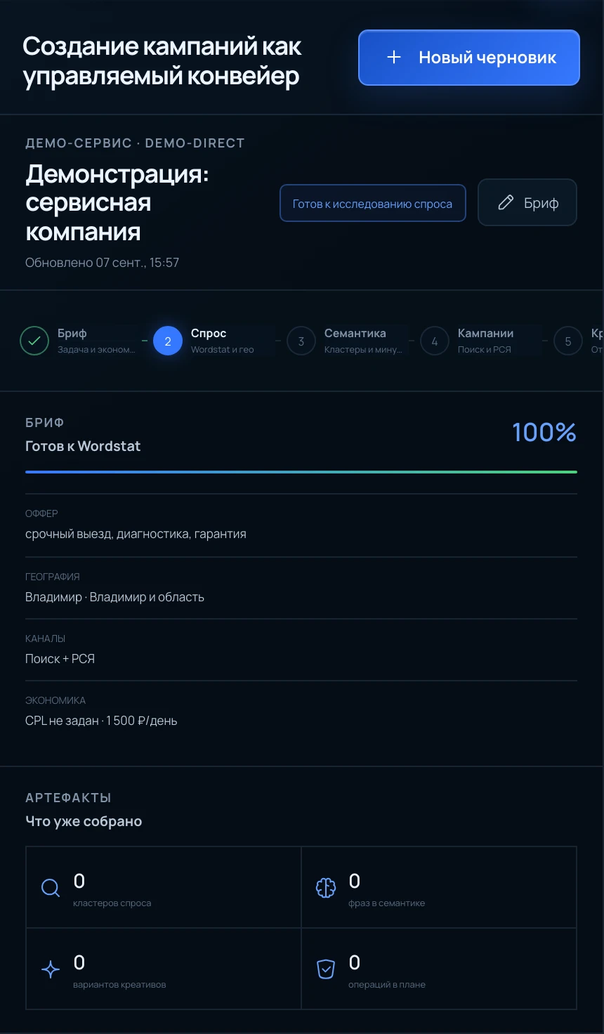 Ads OS: фабрика кампаний с демонстрационным брифом сервисной компании, до исследования спроса
