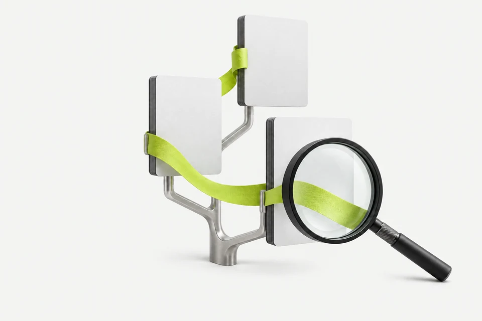 Предметный образ SEO: иерархия страниц на алюминиевых связях и оптическая лупа